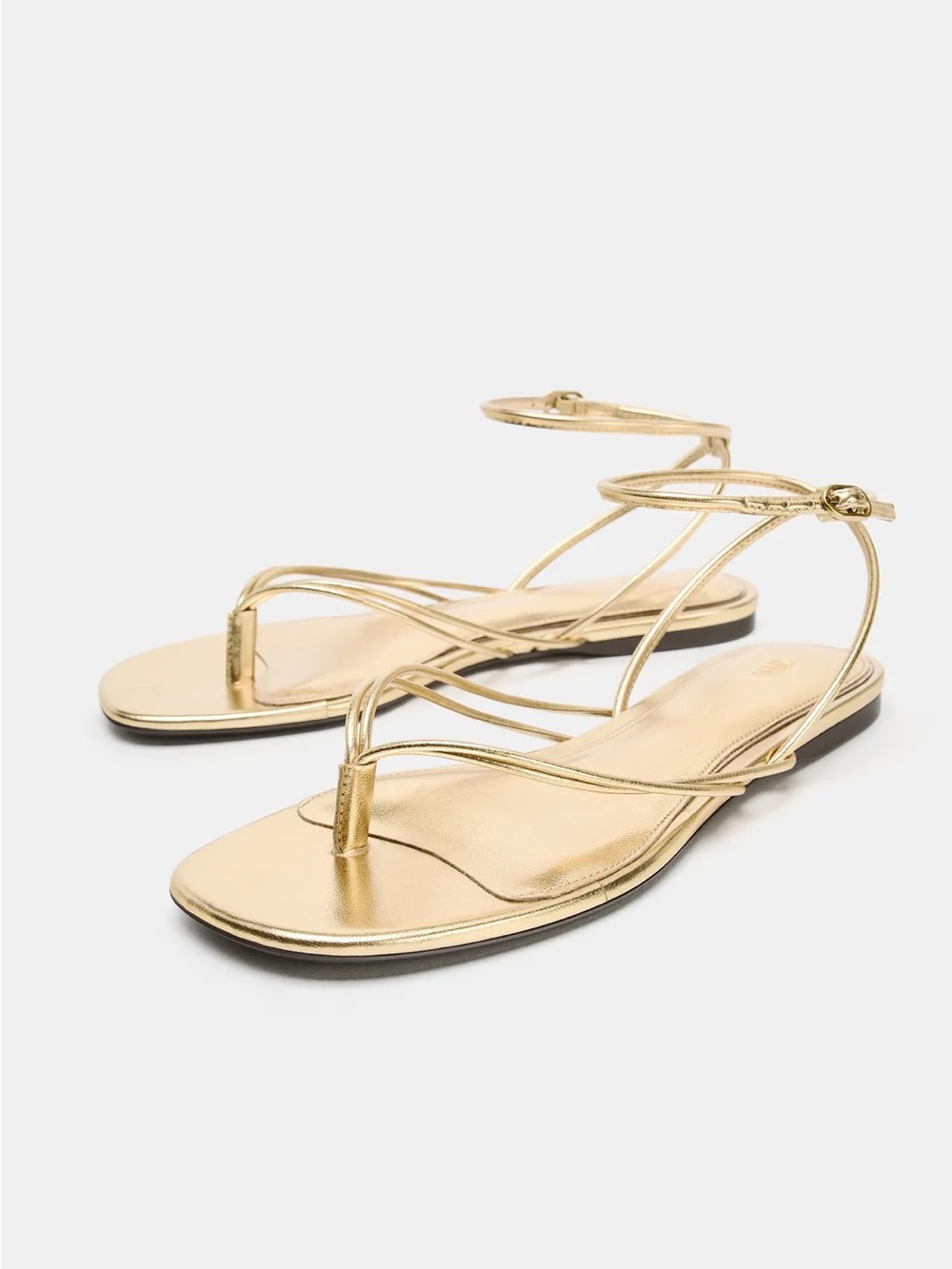 NEW Zara Metallic Gold Strappy Ankle-Tie Flat Sandals Size 39 EU/Size 8 US